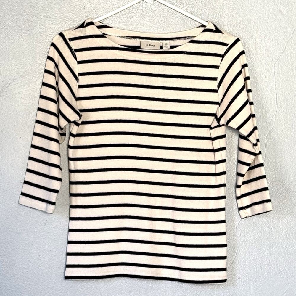LL Bean Top Womens XS Cream Navy Blue Striped Light Sweater Boatneck Capsule
